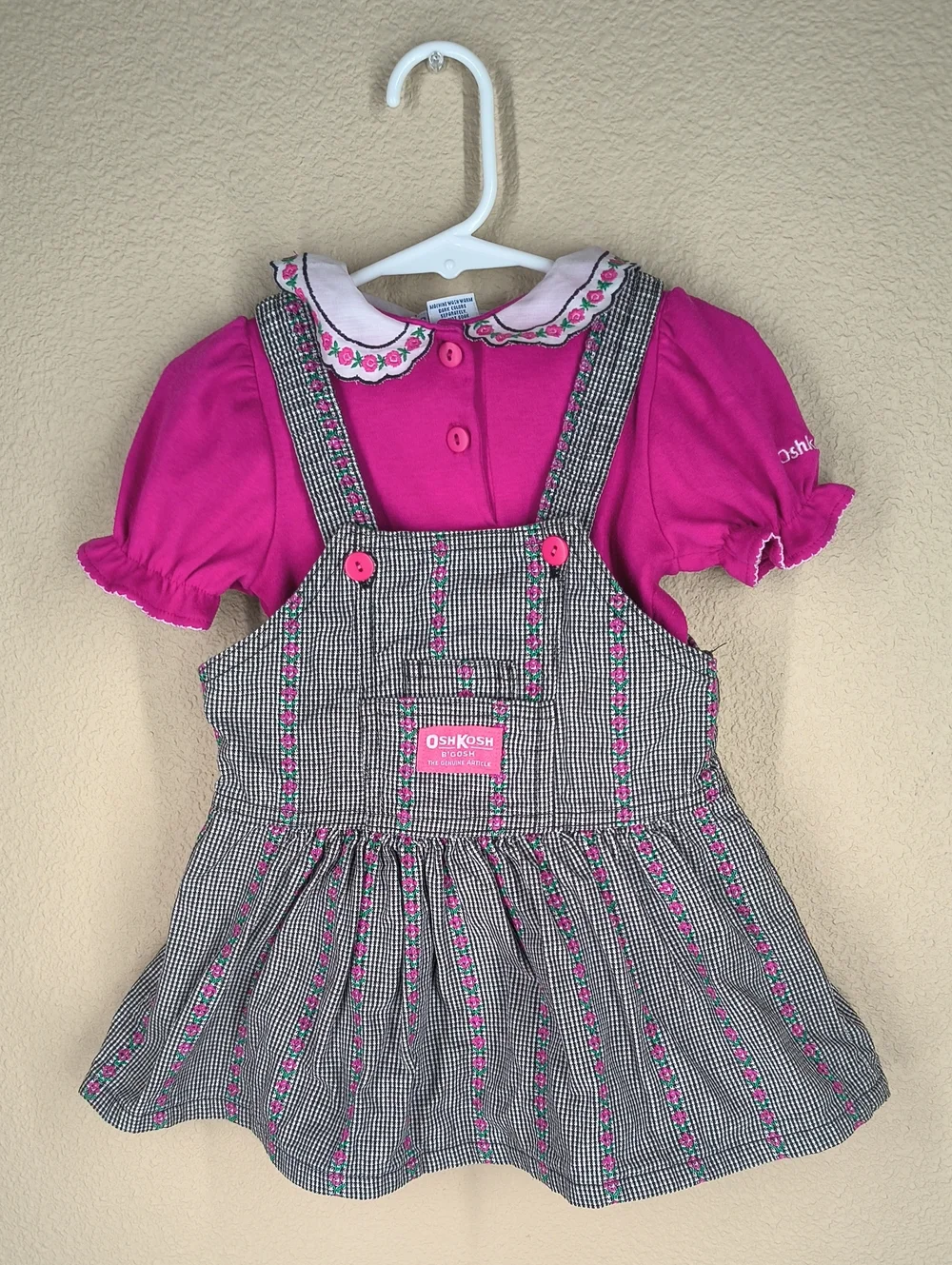 Vintage OshKosh B'gosh Pink Patterned Pinafore Dress And Top Made In USA 24 Mos